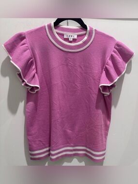 THML Pink Knit Top with White Trim and Ruffle Sleeves